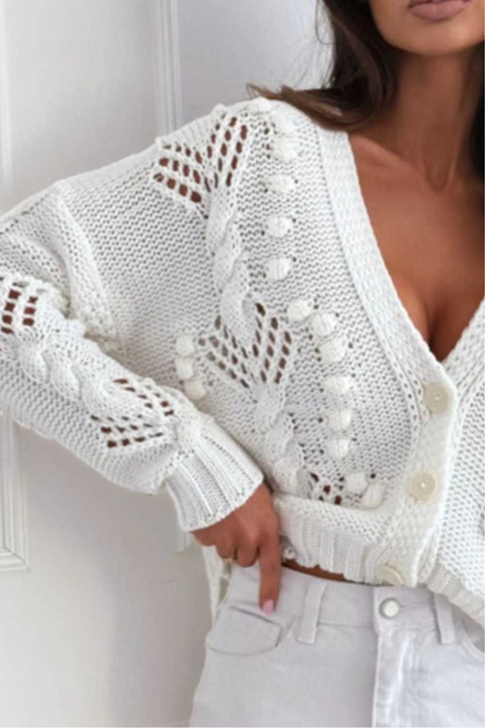Cardigan, long sleeve, drop shoulder, openwork, cable knit, v-neck, buttoned, no stretch front view
