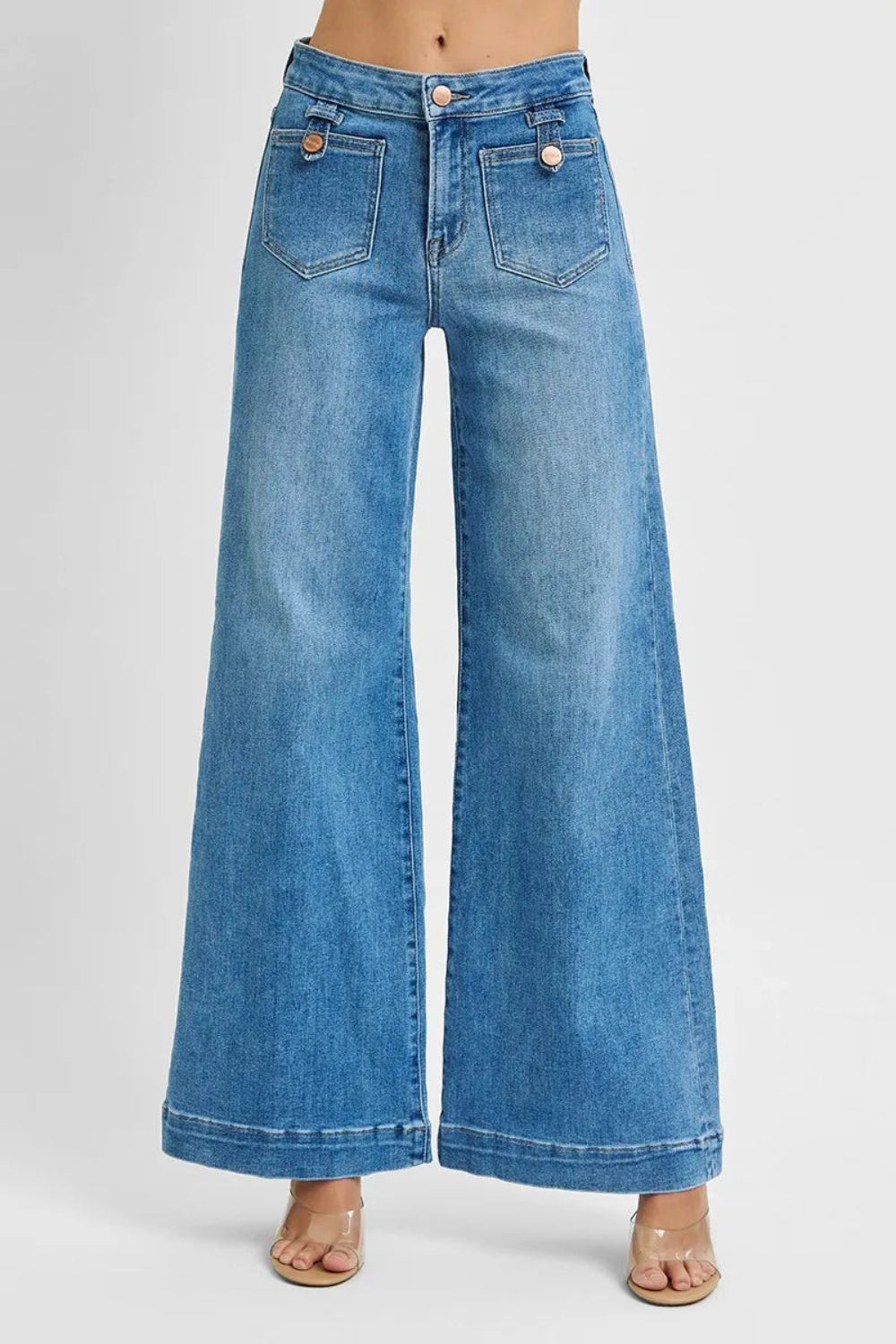 Risen Jeans, full-size, mid-rise, wide leg, patch pocket, medium vintage wash, button/zipper closure, slightly stretchy front view