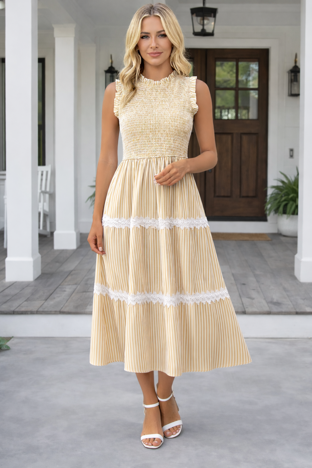 * Midi Dress
* Smocked
* Sleeveless
* Lace
* Tiered
* Round neck
* Unlined
* Stretchy