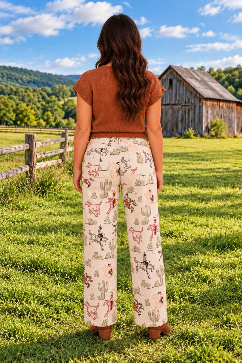 Back view close up of the Rodeo Revival Jeans in cream with a cowboy, horse, and cactus print, high waist, and wide legs.