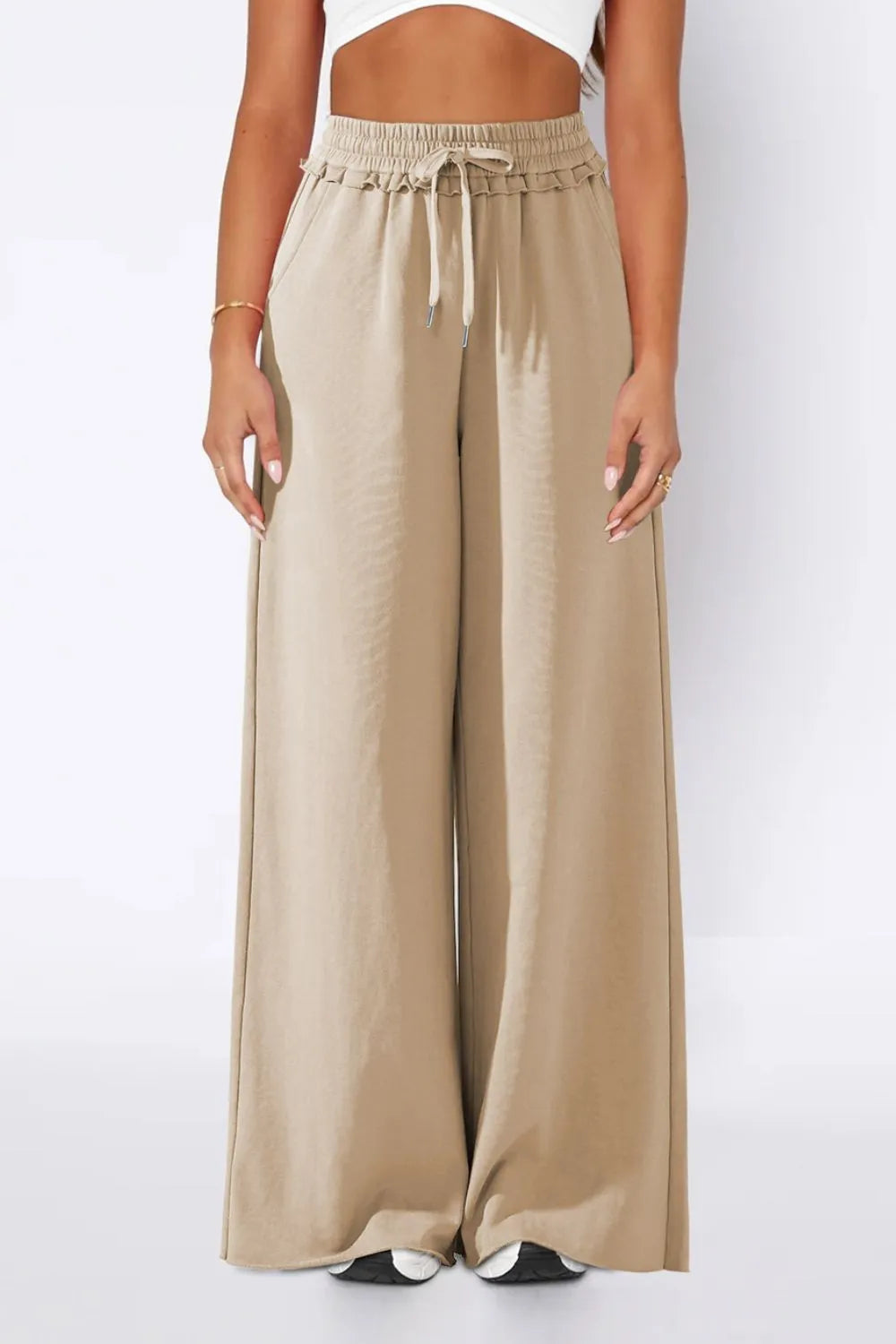 Pants, high waist, drawstring, elastic waist, opaque, frill, wide leg, pocketed, no stretch front view