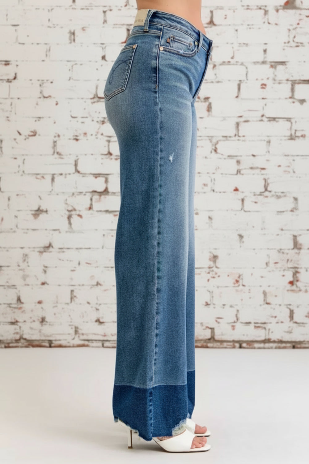 Judy Blue, high-rise, column straight , pocketed, belt loops, button/zipper closure, raw hem, distressed, stretchy, side view