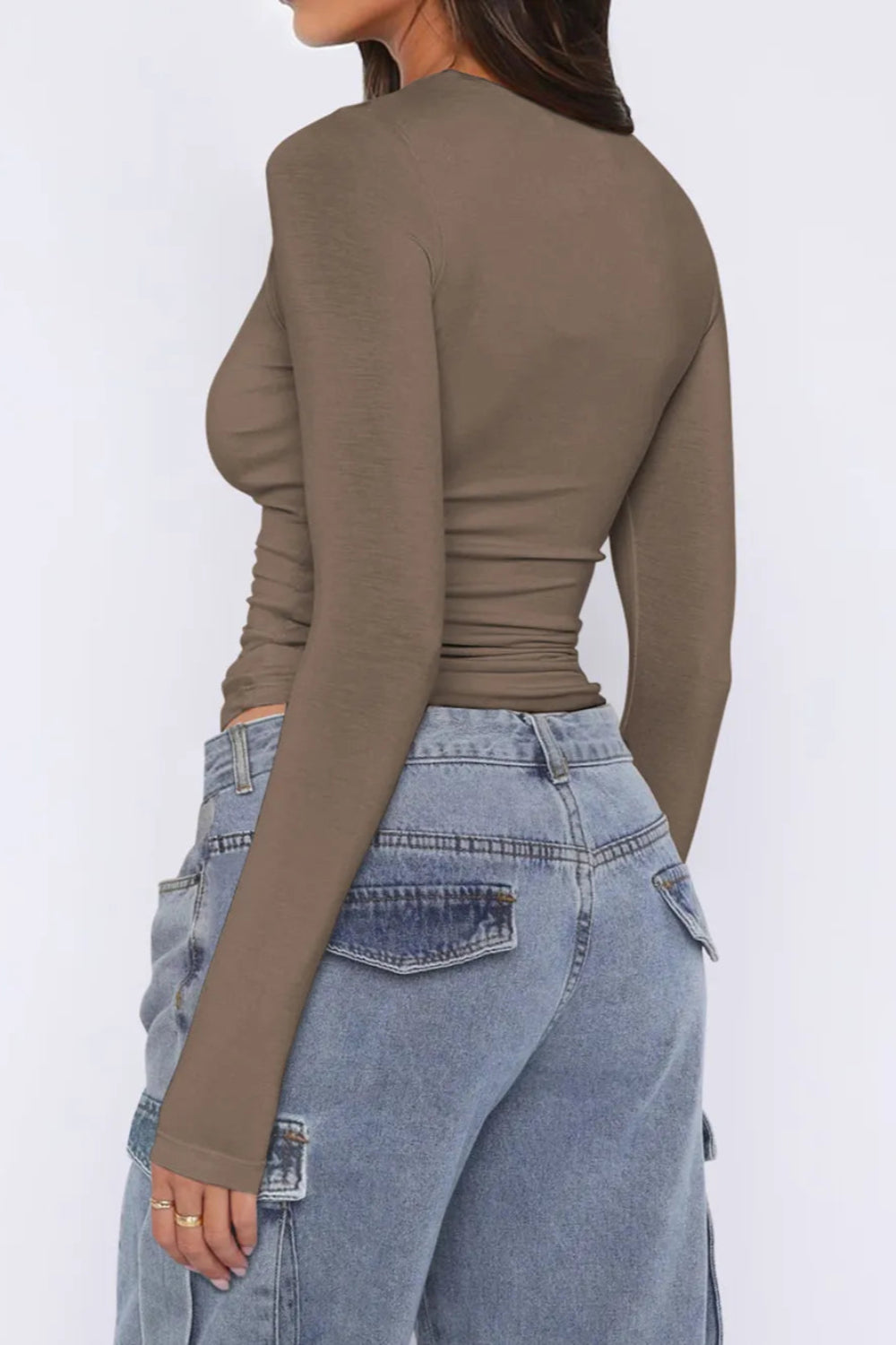 Top, asymmetrical neck, long sleeve, ruched, opaque, slightly stretchy, fitted, back view