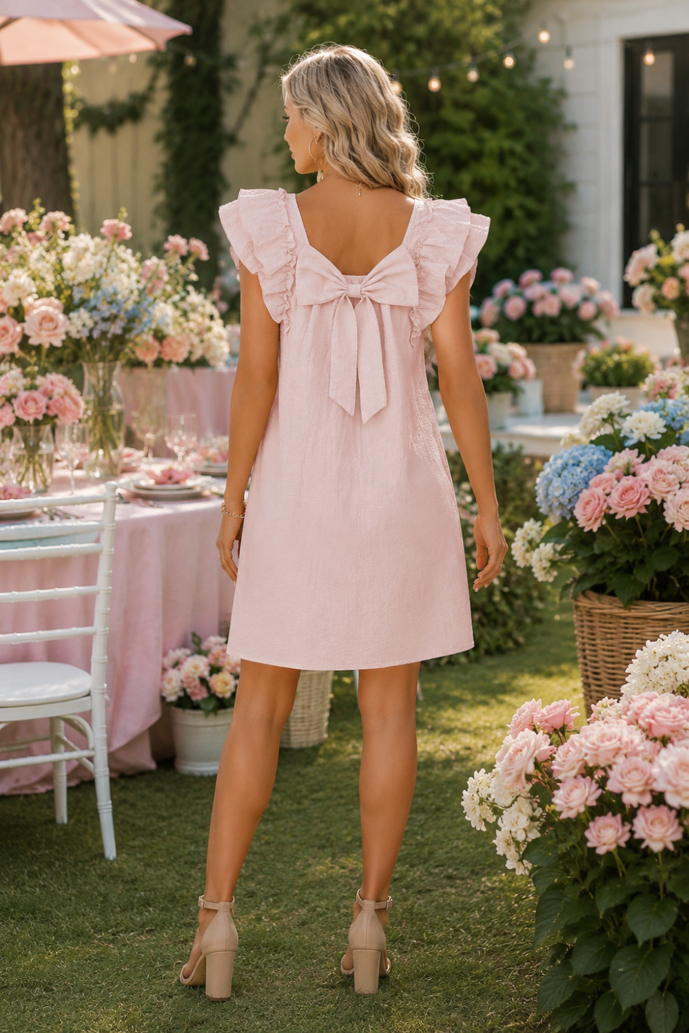 * Pullover
* Square neck
* Flutter sleeves
* Back bow
* Pocketed
* Ruffled
* Textured
* Unlined
* No stretch