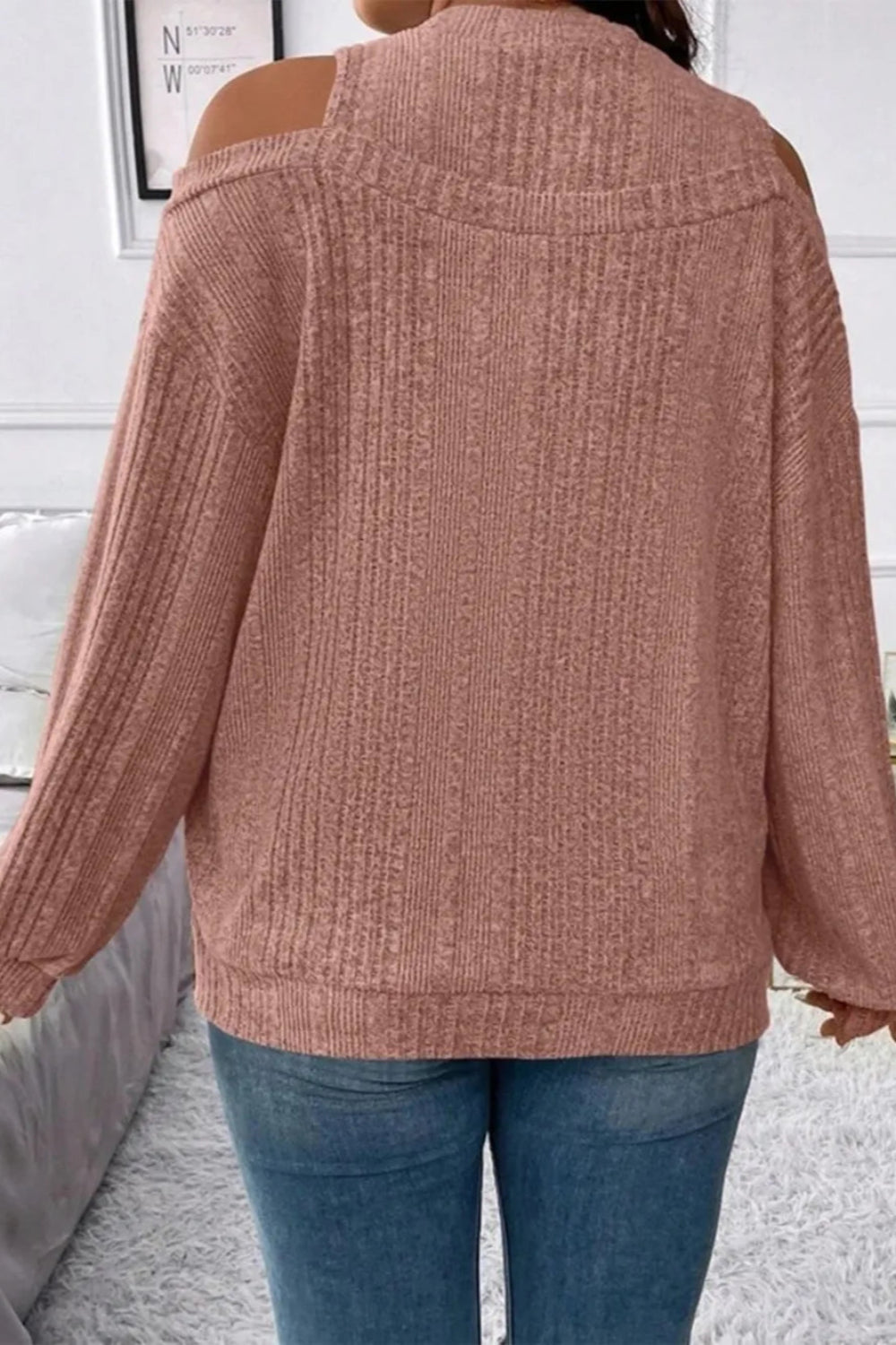Sweater, pullover, long sleeve, round neck, cold shoulder, drop shoulder, ribbed, slightly stretchy back view
