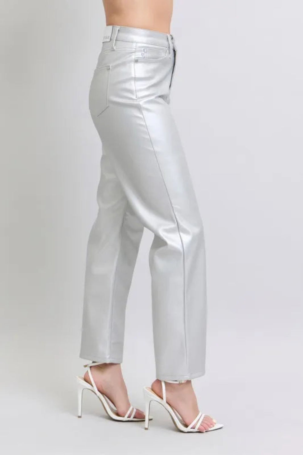 Judy Blue Pants, full-size, high-rise, tummy control, faux leather, straight leg, pocketed, brad detail, some stretch side view