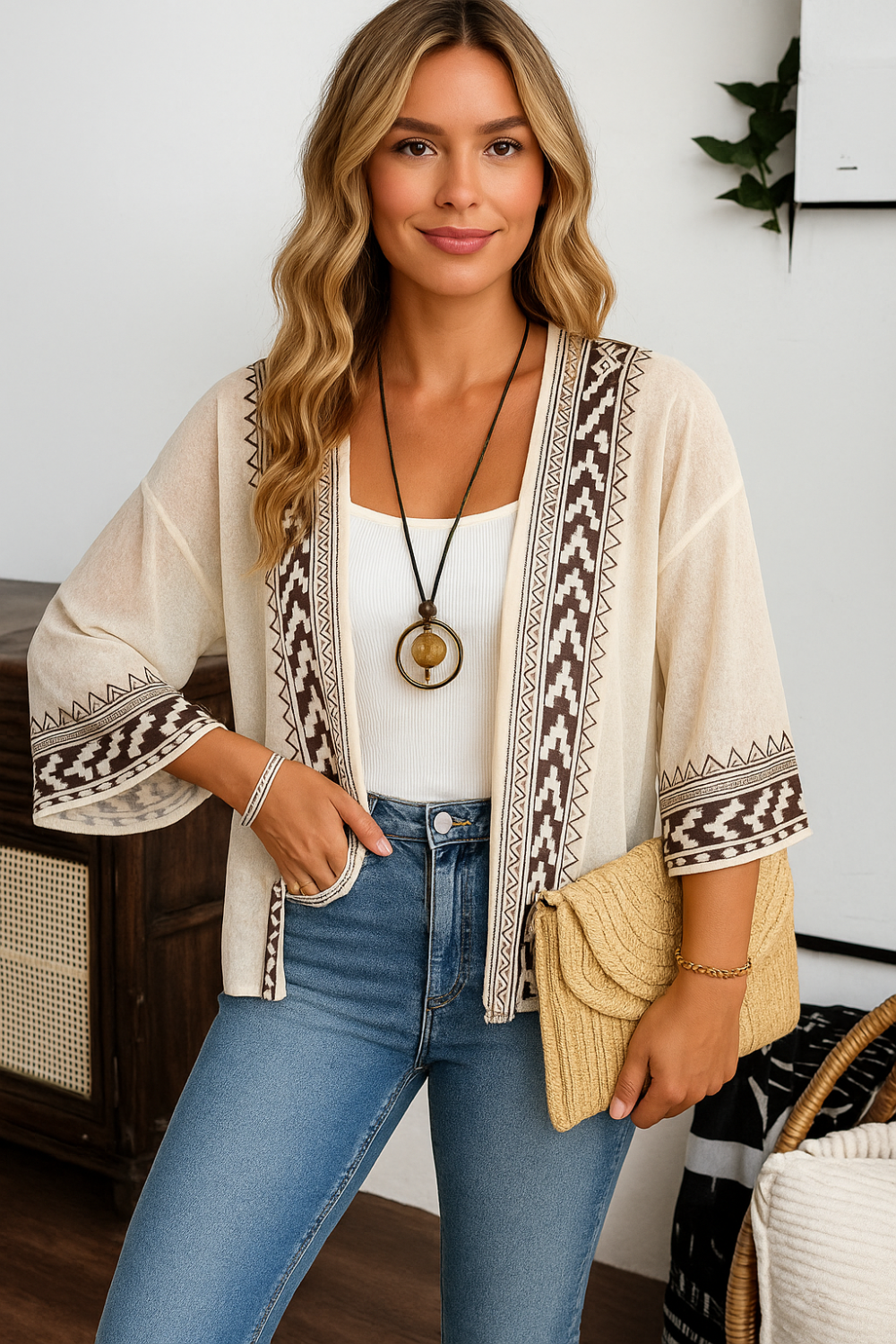 Cardigan, open front, wide sleeve, drop shoulder, sheer, geometric print, sits below the waist, no stretch front view
