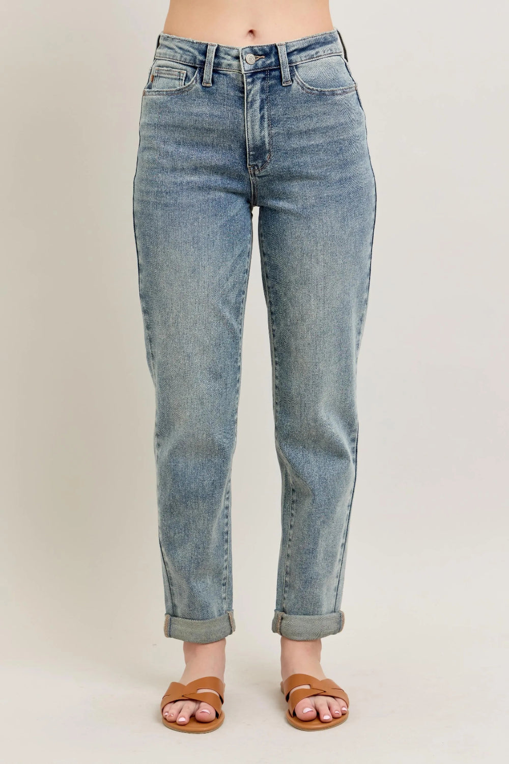 Judy Blue Jeans, full-size, high-rise, vintage wash, 5-pocket design, ankle length, optional roll-up cuffs, relaxed fit, button-zip closure, straight leg, slightly stretchy, front view