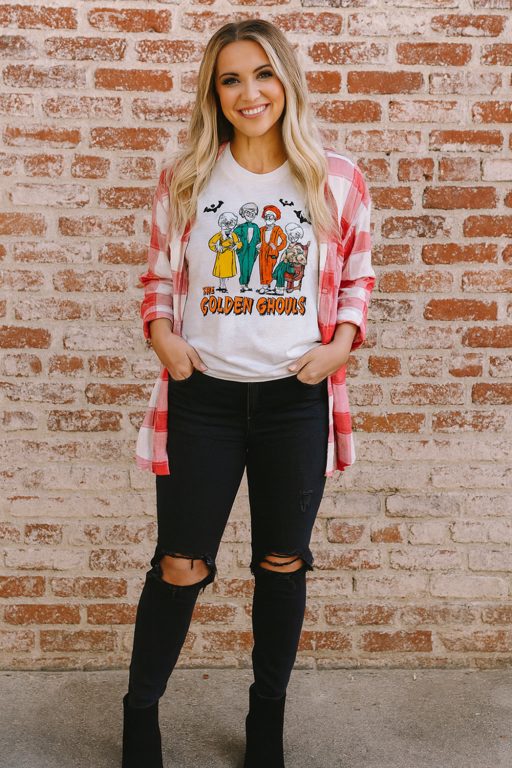 Graphic t-shirt, pullover, round neck, short sleeve, drop shoulder, long, slightly stretchy, front view