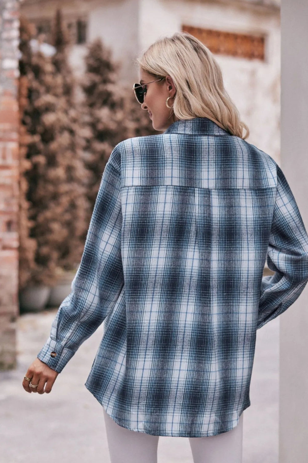 Long sleeve shirt, plaid, collared, pocketed, buttoned, oversized, drop shoulder, no stretch, many colors, back view
