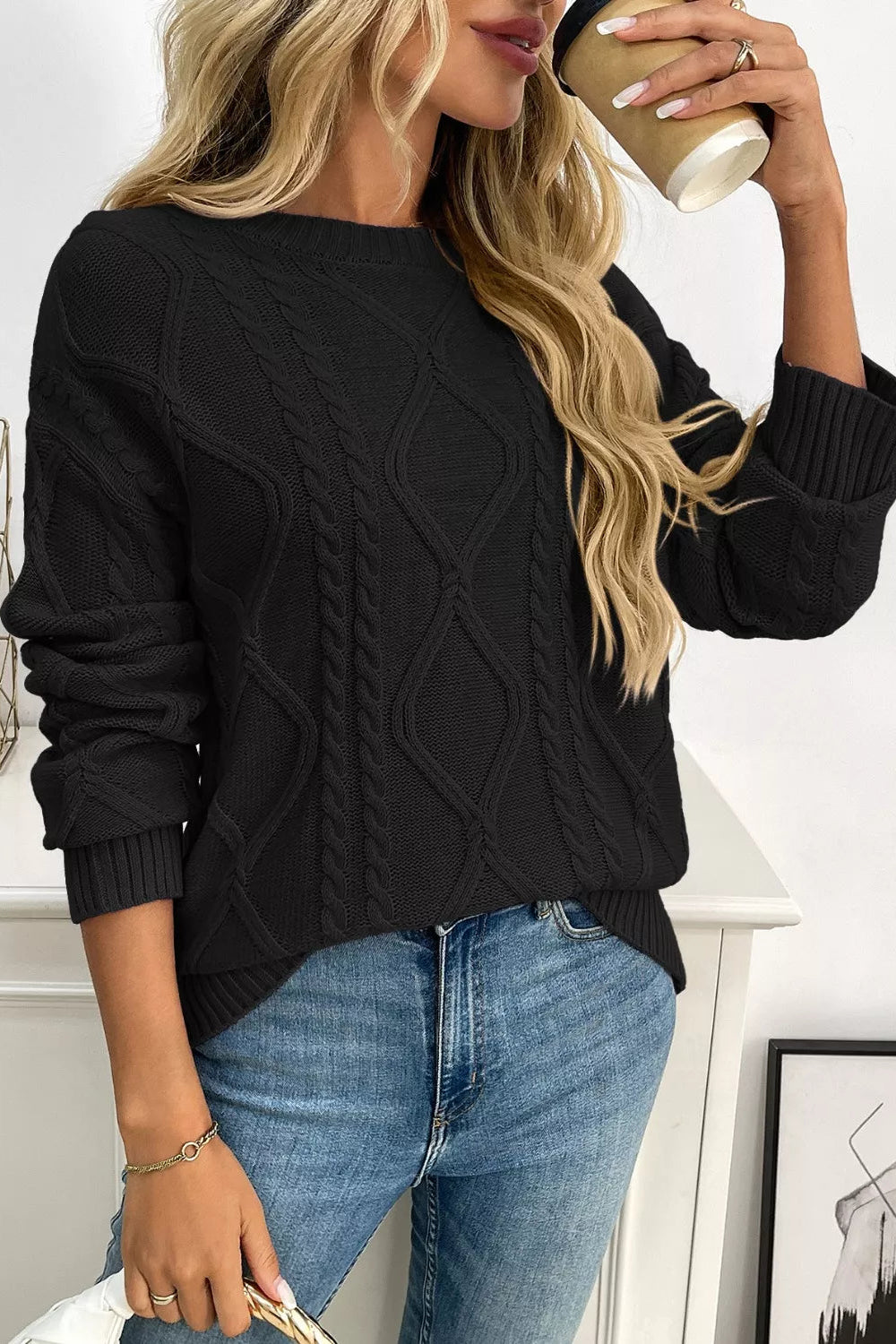 sweater, long sleeve, round neck, ribbed cuff and neck, drop shoulder, cable-knit, soft, stretchy, front view