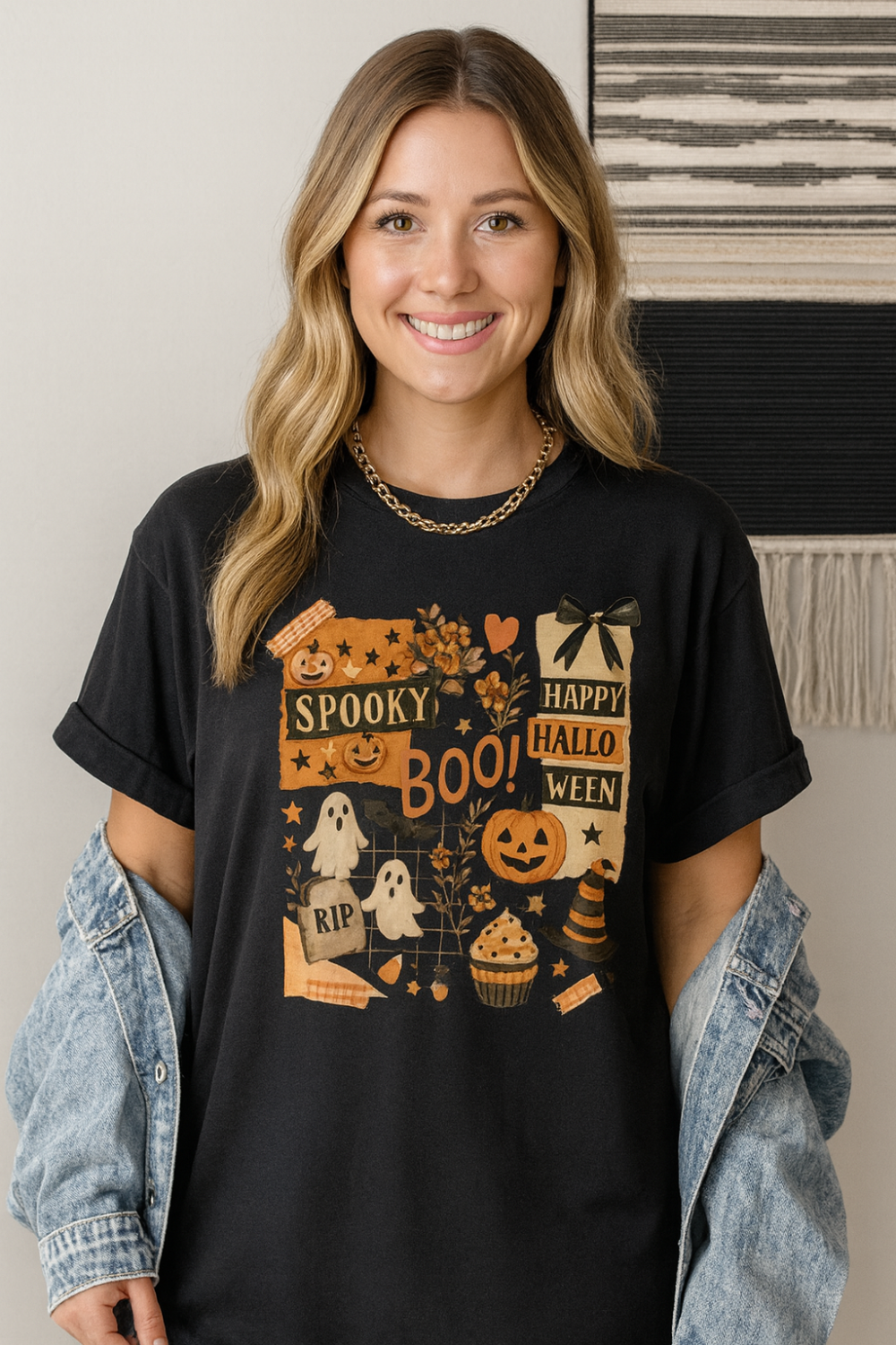 T-shirt, graphic, short sleeve, crew neck, DTF print, Halloween Collage Print, stretchy front view