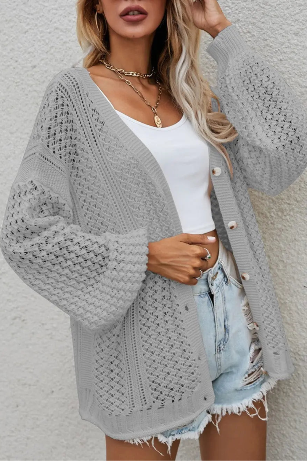 Cardigan, long sleeve, openwork, buttoned, oversized, drop shoulder, stretchy front view