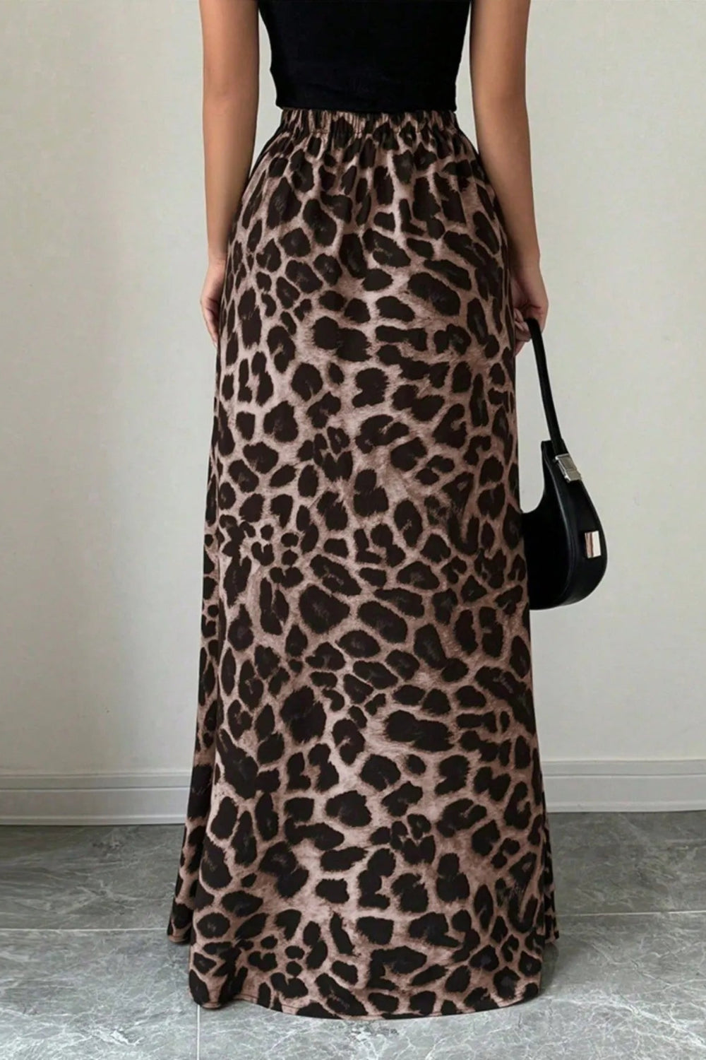Maxi skirt, high waist, back elastic waist, unlined, leopard print, slightly stretchy, back view