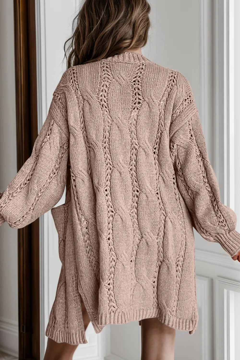 Cardigan, long sleeve, drop shoulder, open front, cable-knit, side slit, openwork, no buttons, pocketed, stretchy back view
