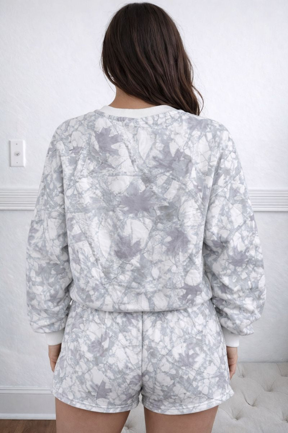 Two-piece lounge set, pullover, round neck, drop shoulder, long sleeve, ribbed, oversized, drawstring shorts, elastic waist, pocketed, no stretch, back view
