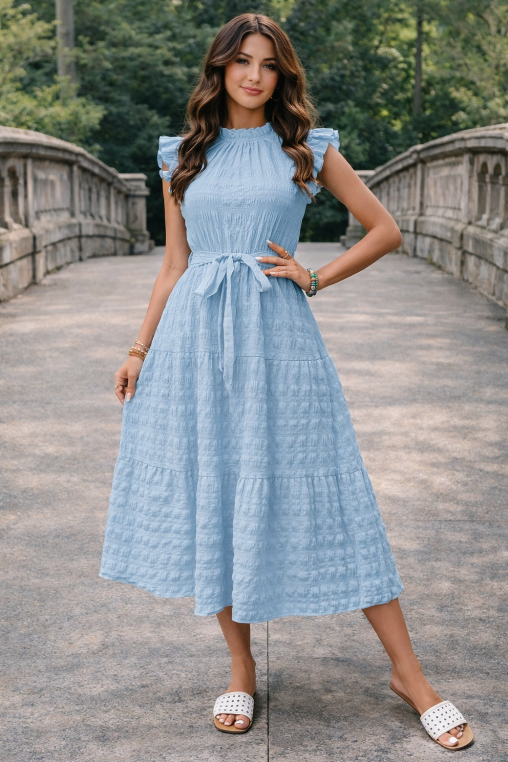 * Midi dress
* Round neck
* Cap sleeves
* Tied
* Ruffled
* Opaque
* Keyhole closure
* Unlined
* No Stretch