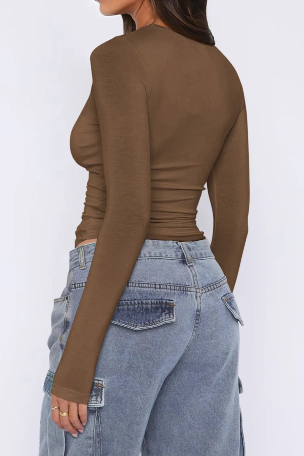 Top, asymmetrical neck, long sleeve, ruched, opaque, slightly stretchy, fitted, back side
