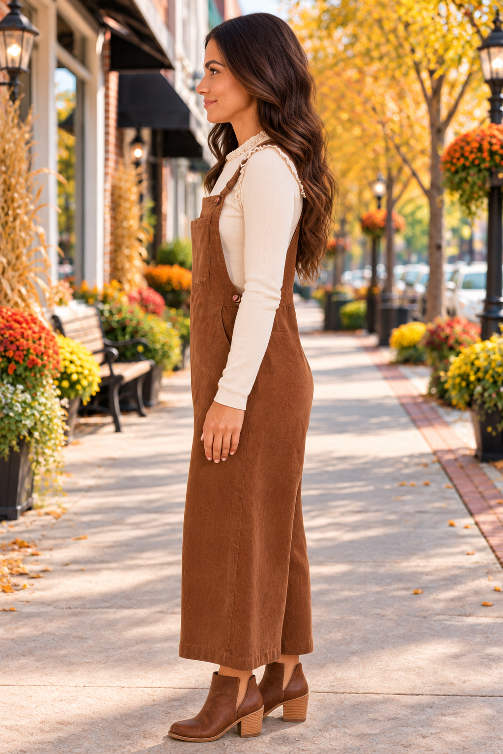 Side view wide-leg overalls, bibbed, pocketed, corduroy, adjustable straps, no stretch.