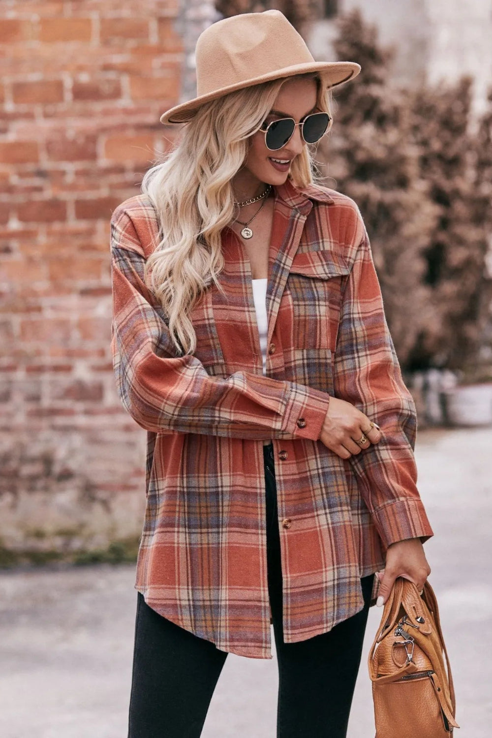 Long sleeve shirt, plaid, collared, pocketed, buttoned, oversized, drop shoulder, no stretch, many colors, front view