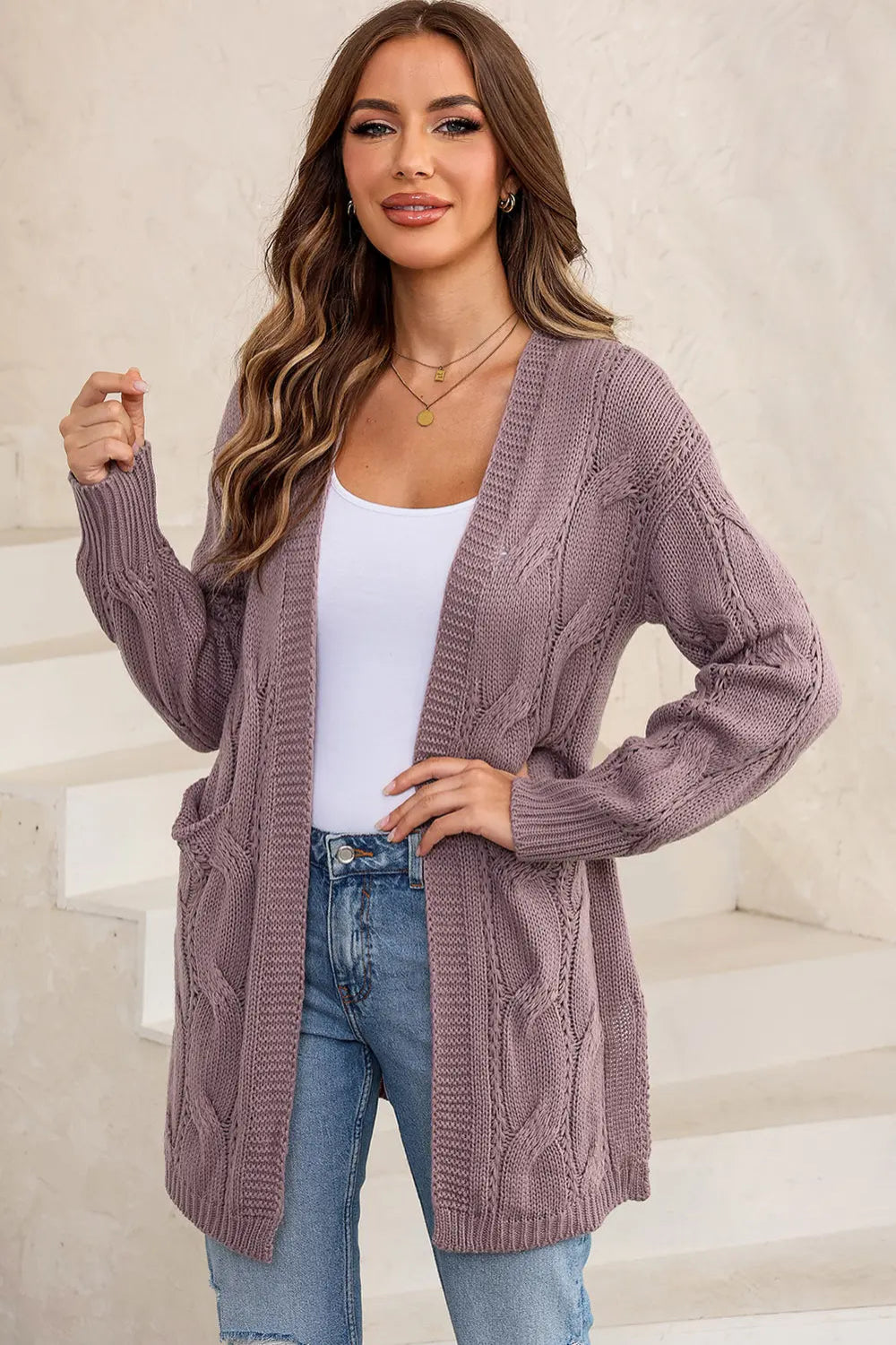 Cardigan, long sleeve, drop shoulder, open front, cable-knit, side slit, openwork, no buttons, pocketed, stretchy front view