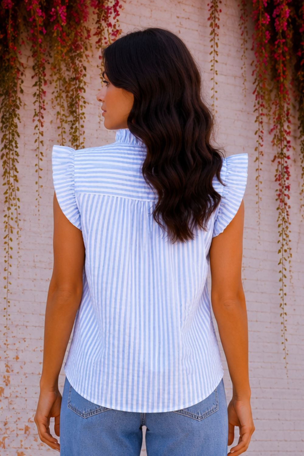* Ruffled neck
* Flutter sleeve
* Buttoned
* Lace detail
* Textured
* Striped
* No stretch