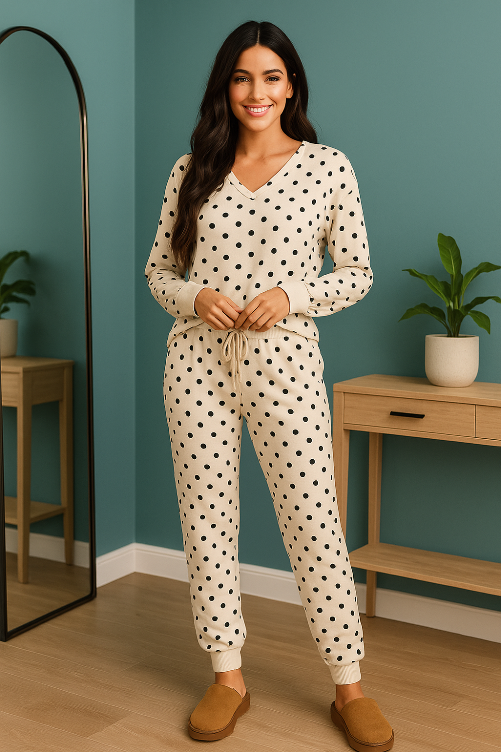 Two-piece lounge set, joggers, vneck, drop shoulder, drop shoulder, ribbed, side slit, elastic waist, drawstring, stretchy, front view