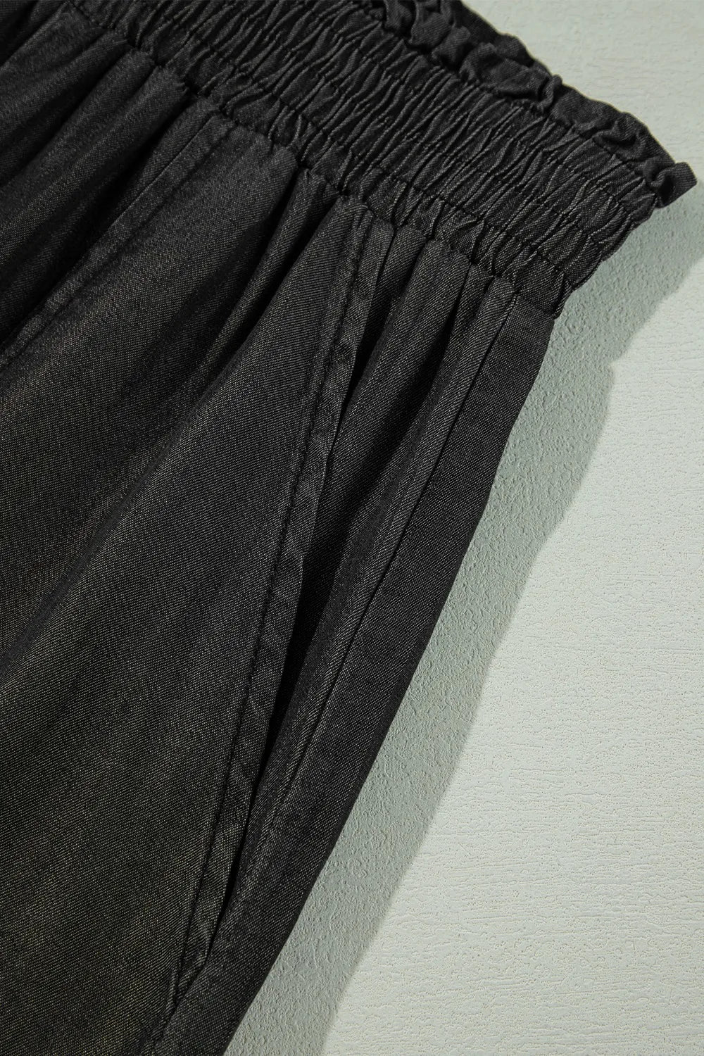 Denim Pants, high waist, patch pockets, smocked waist, pleated, lightweight, wide leg, no Stretch close up view