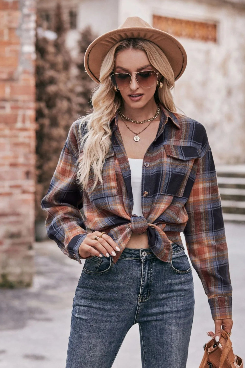 Long sleeve shirt, plaid, collared, pocketed, buttoned, oversized, drop shoulder, no stretch, many colors, front view