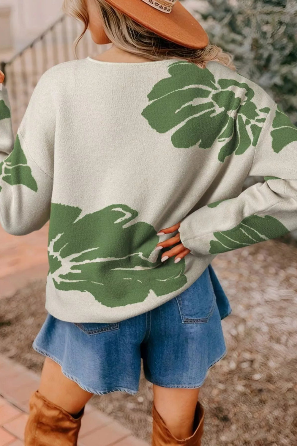 Sweater, pullover, long sleeve, bell sleeve, drop shoulder, round neck, oversized, slightly stretchy, back view
