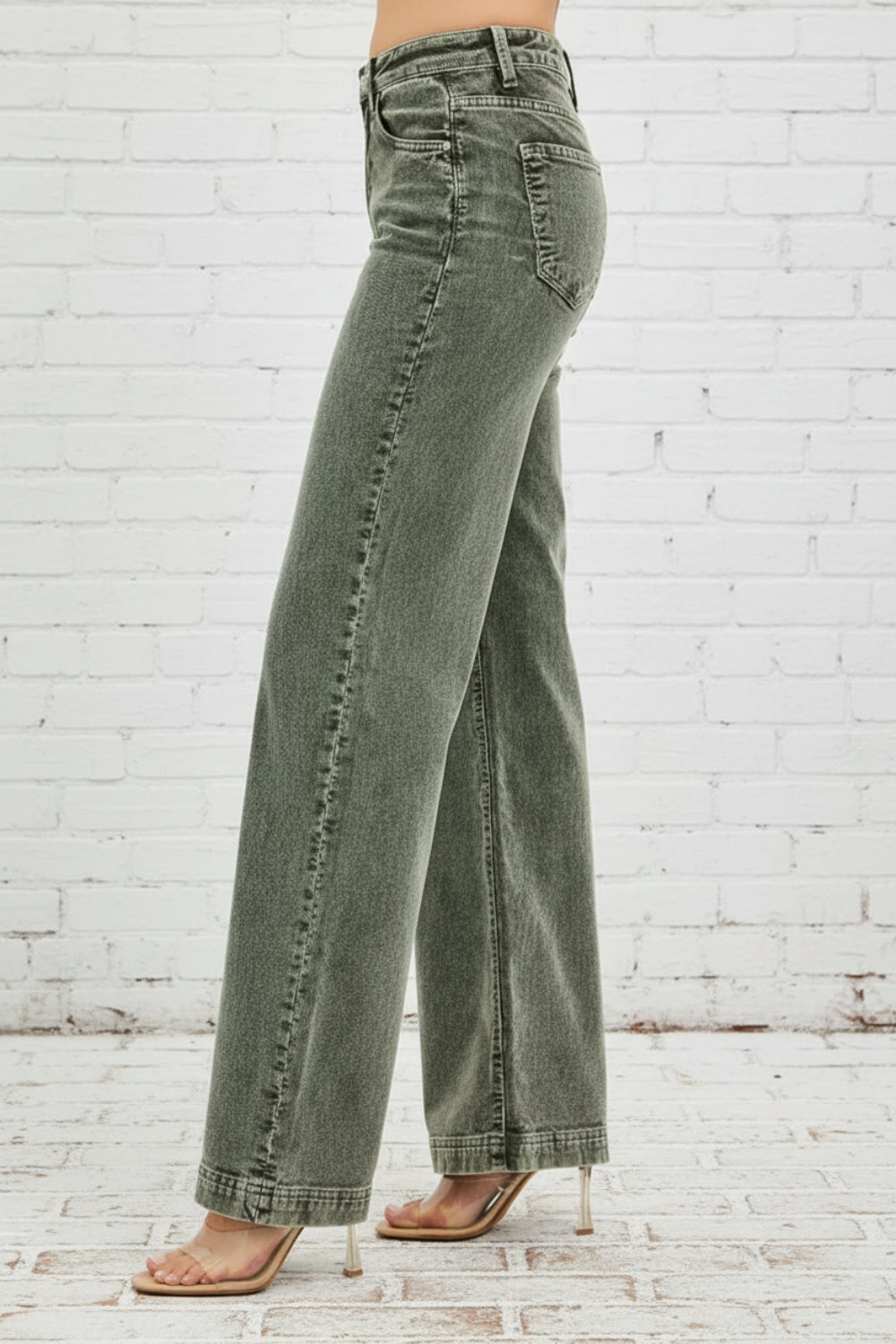 Risen Jeans, corduroy, washed, full-size, high-rise, wide leg, belt loops, button/zipper closure, pocketed, slightly stretchy, side view
