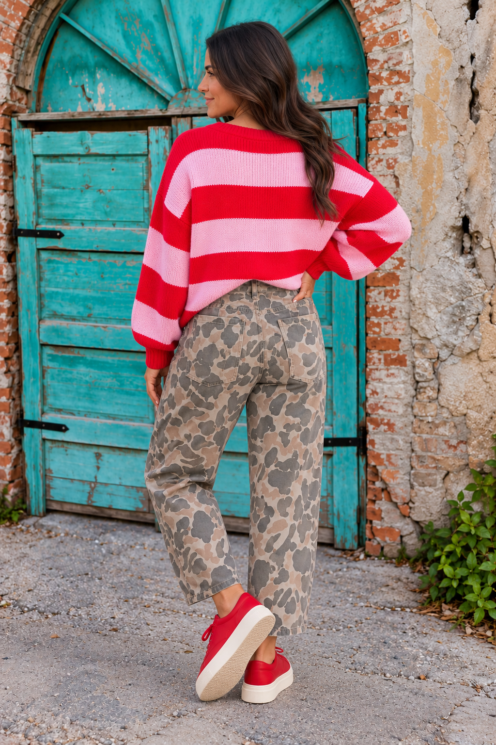 Back view of the Incognito Jeans in muted taupe and gray camouflage with wide cropped legs and oversized patch pockets.