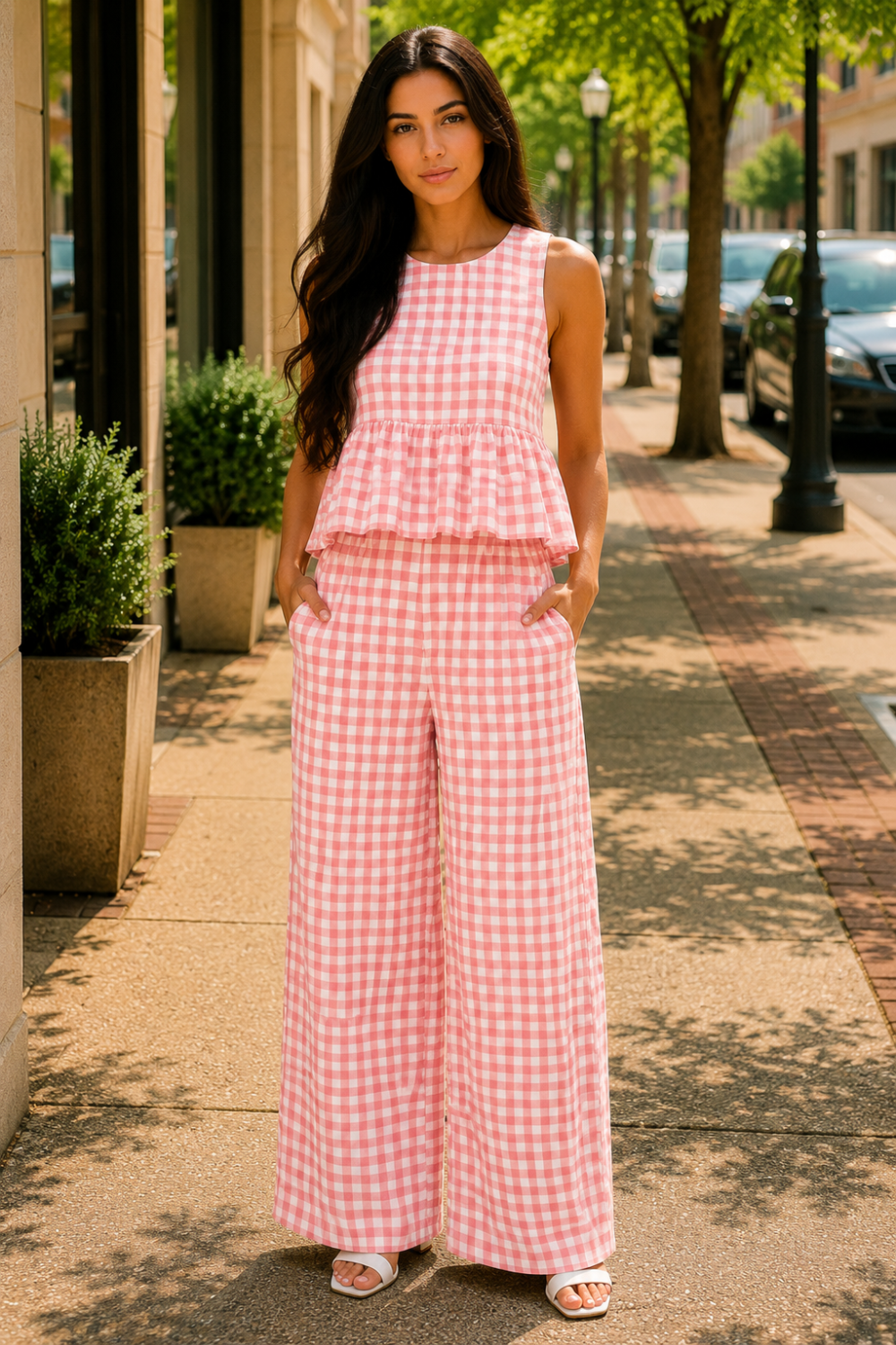* Two-piece set
* Round neck
* Sleeveless
* Buttoned back closure
* Elastic waist
* Wide leg
* Ruffled
* No stretch