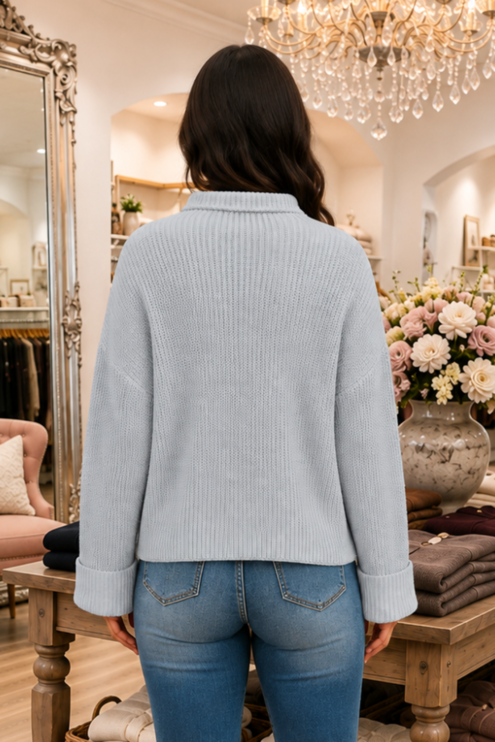 * Sweater
* Mock neck
* Drop shoulder
* Long sleeve
* Cuffed sleeves
* Ribbed
* Split hem
* Oversized
* Slightly stretchy
