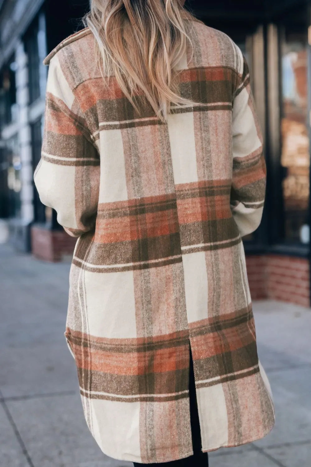 Shacket, extra long, collared, drop shoulder, long sleeve, front flap pockets, pleated buttoned cuffs, plaid, curved hem with side slits, back slit, unlined, lightweight, no stretch, back view