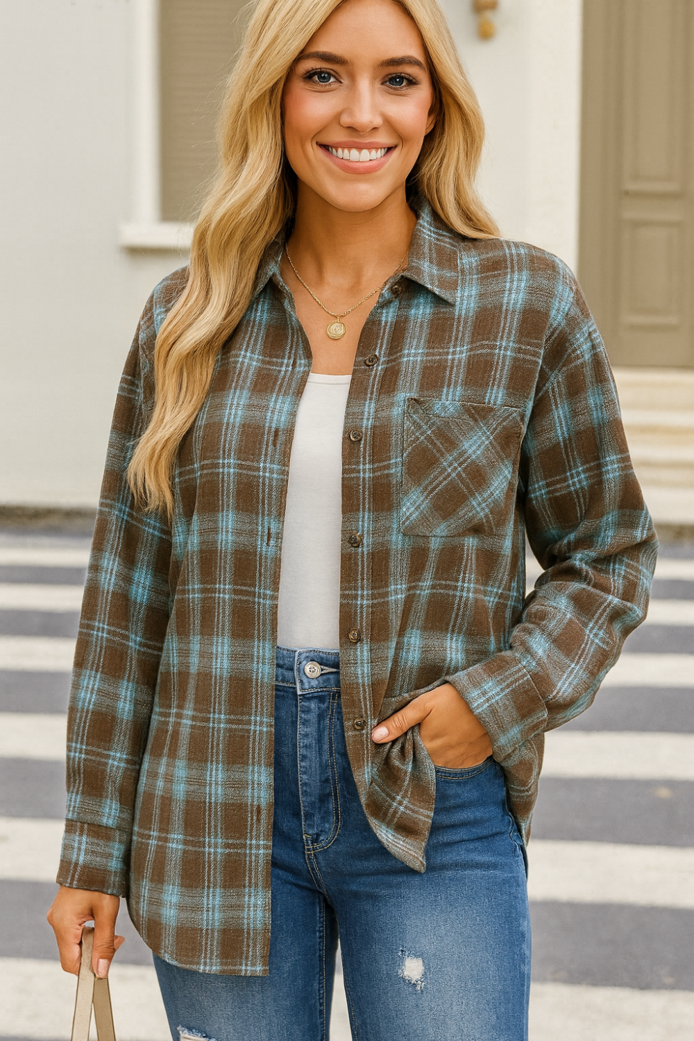 Shirt, long sleeve, collared, plaid print, buttoned, pocketed, oversized, no stretch, front view