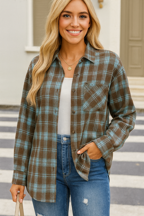 Shirt, long sleeve, collared, plaid print, buttoned, pocketed, oversized, no stretch, front view