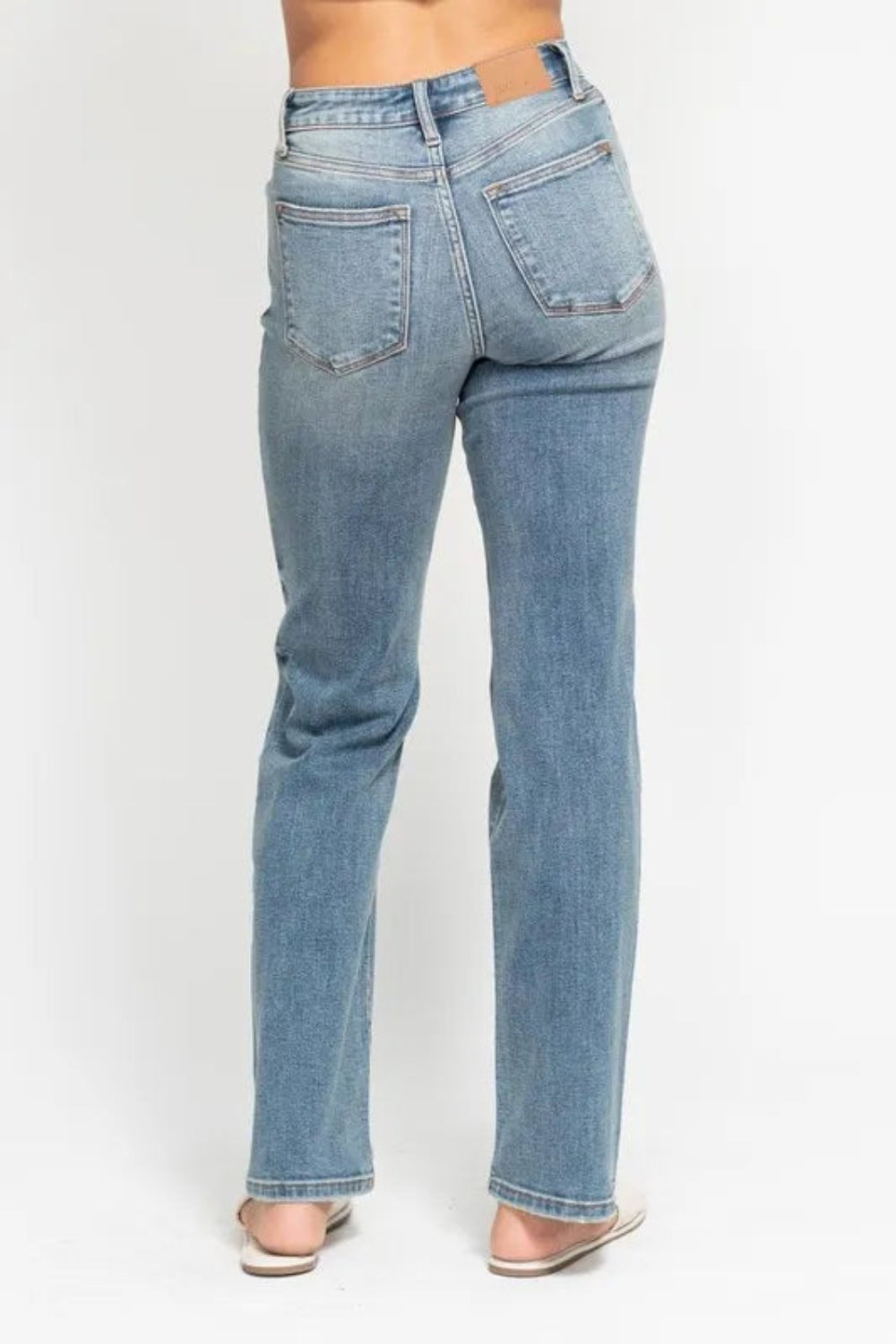 Judy Blue Jeans, full-size, high-rise, relaxed fit, straight leg, vintage wash, distressed, 5-pocket detailing, belt looped, button/zipper closure, slightly stretchy, back view