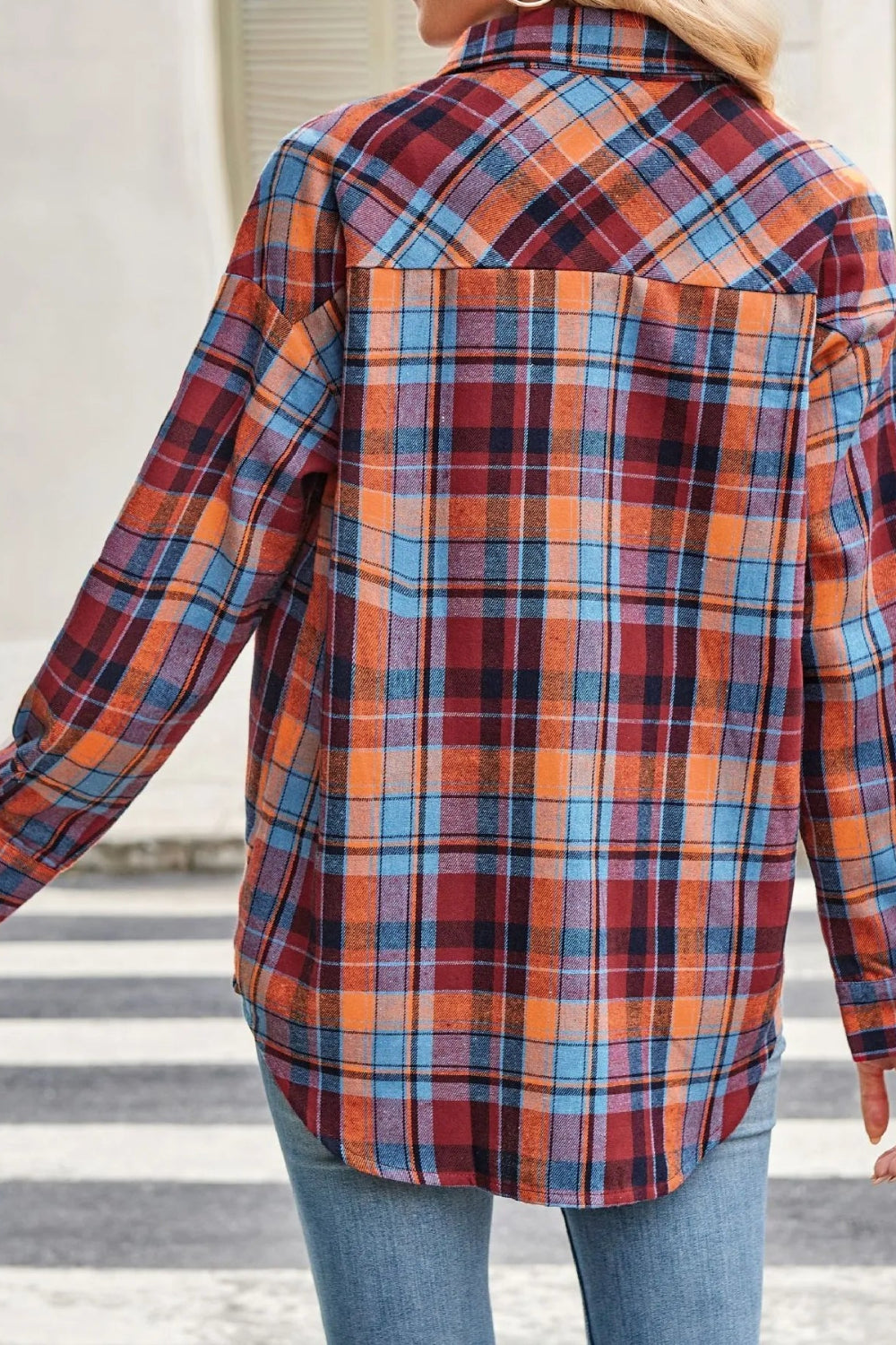 Shirt, long sleeve, collared, plaid print, buttoned, pocketed, oversized, no stretch, back view