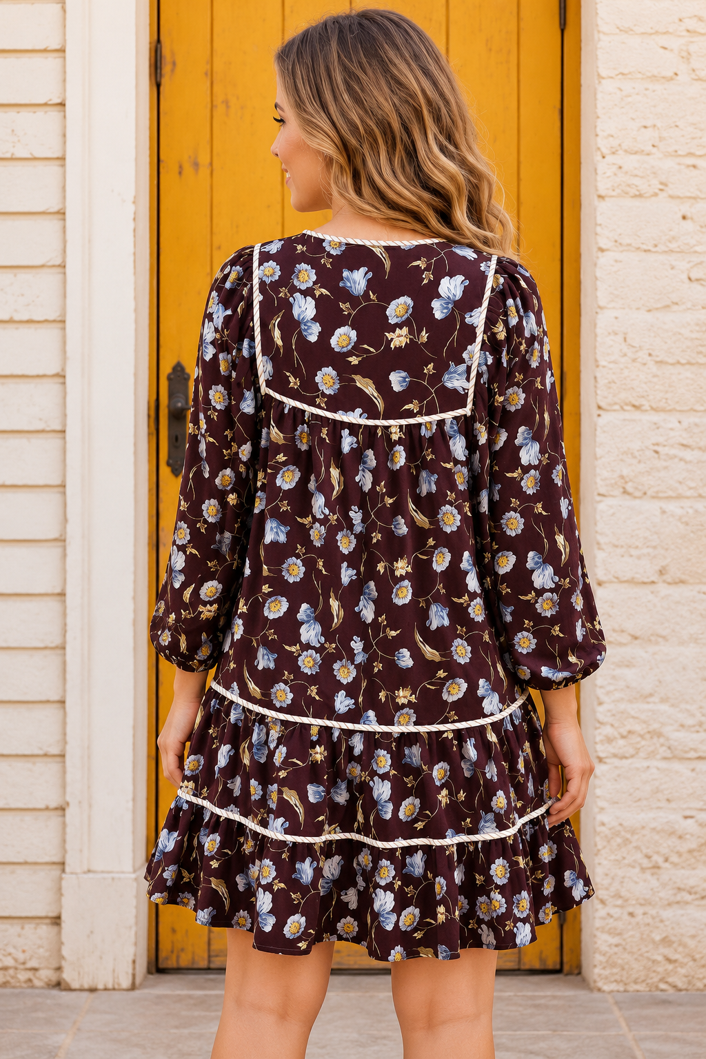 Floral Frenzy Mini Dress in burgundy with blue florals, a tie neckline, three-quarter sleeves, striped trim, and tiered skirt back view.