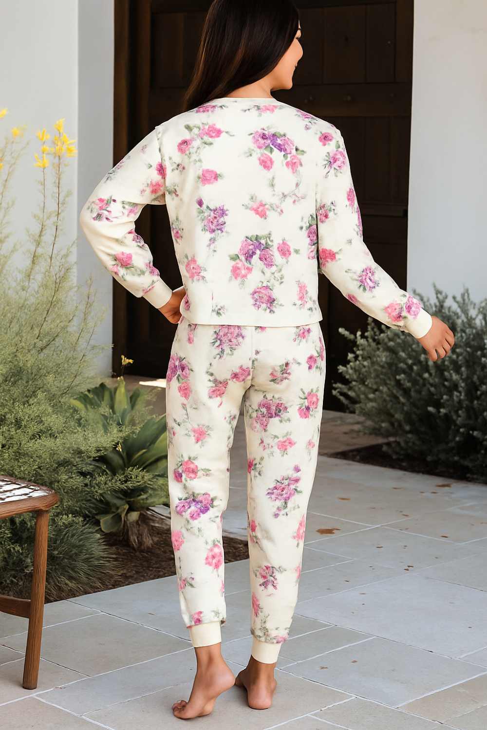 Two-piece loungewear set, floral print, round neck, long sleeves, drop shoulder, elastic waist, drawstring, pocketed, joggers, stretchy, back view