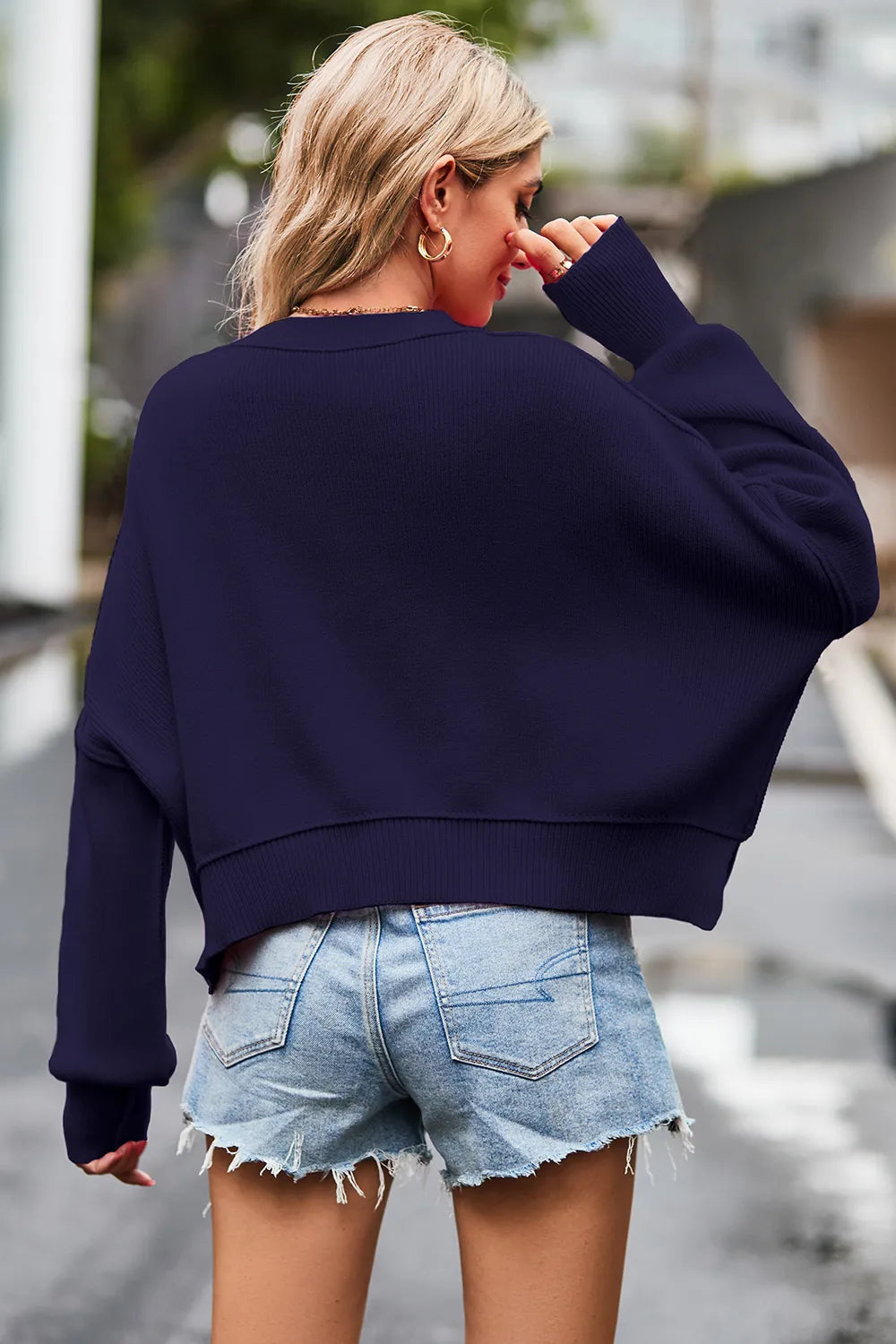 sweater, pullover, long sleeve, round neck, drop shoulder, exposed seams, batwing, ribbed, side slit, slightly stretchy, back view