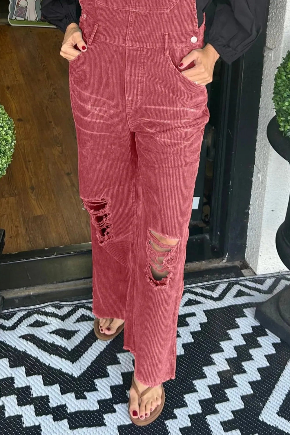 Overalls, corduroy, distressed, straight leg, pocketed, frayed hem, button clasp, no stretch, comes in several colors front view