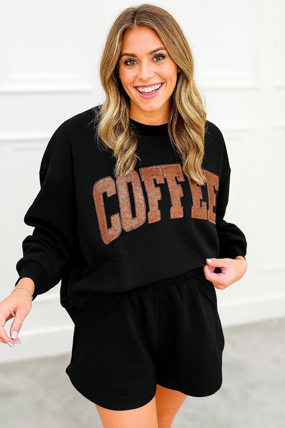 Two-Piece short set, round neck, long sleeve, sequined coffee design, drop shoulder, no drawstring, slight stretch front view