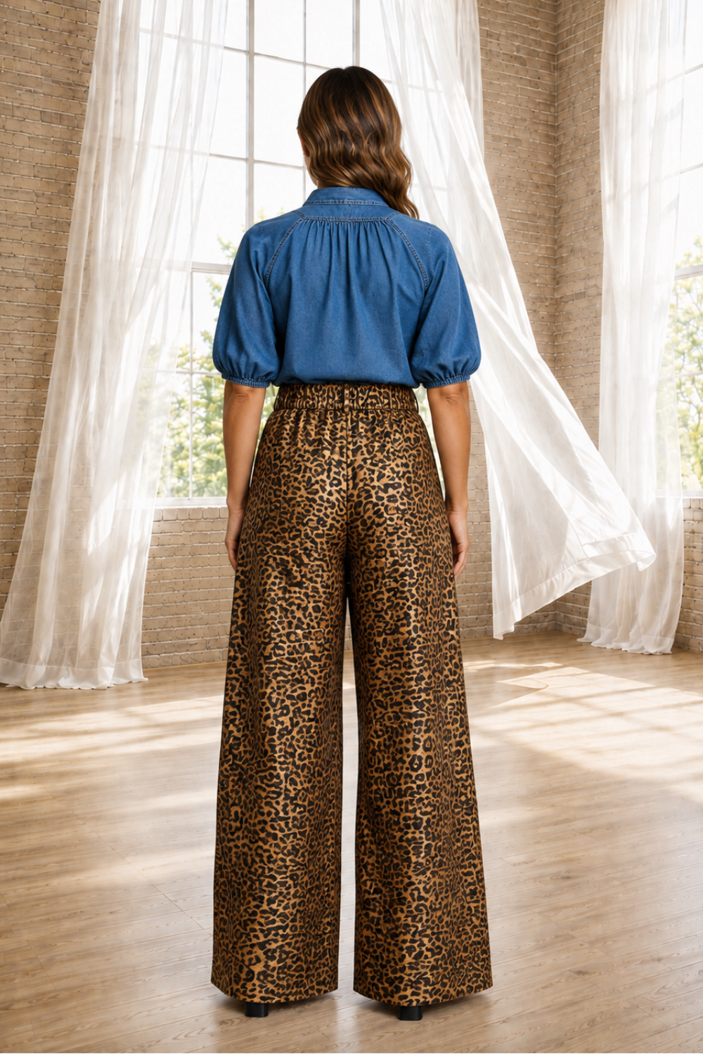 * Pants
* Shiny leopard print
* High-waist
* Back elastic waist
* Wide leg
* Button/zipper closure
* Belt loops
* Buttoned
* No stretch