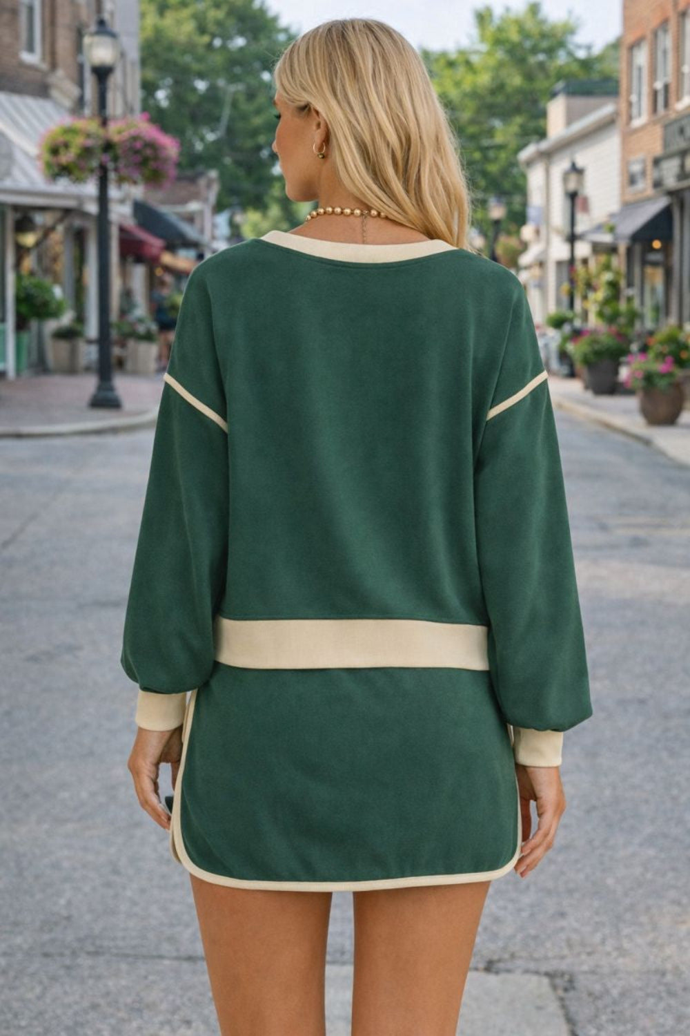 two-piece skort set, contrast trim, long sleeve, round neck, drop shoulder, ribbed, elastic waist, drawstring, pockets, slightly stretchy, back view