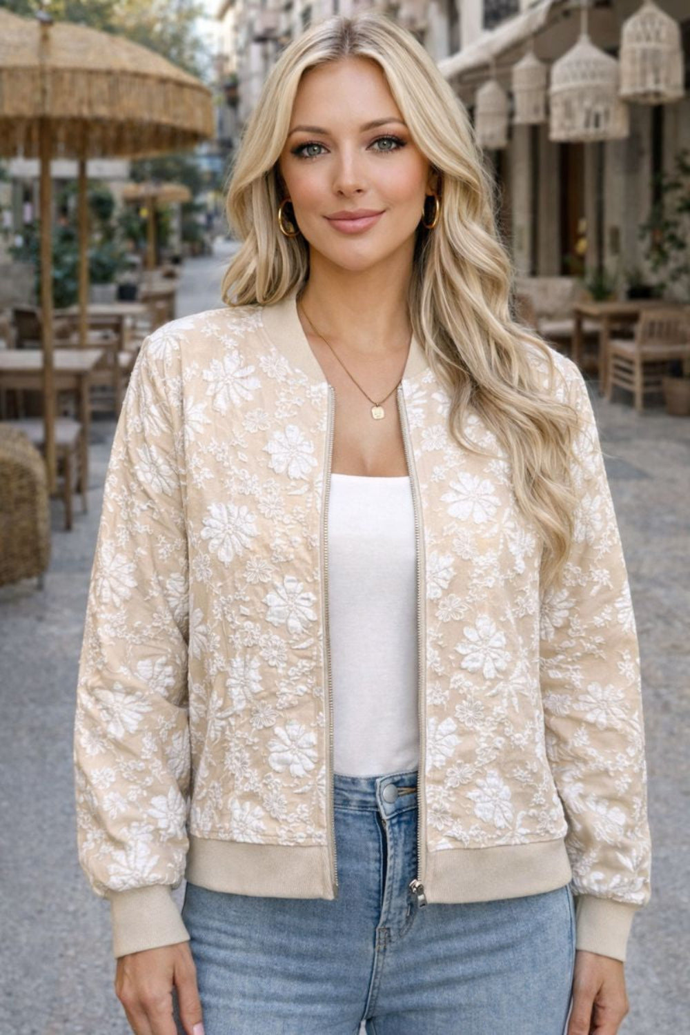 Jacket, floral print, zipper closure, ribbed, unlined, pocketed, no stretch, front view
