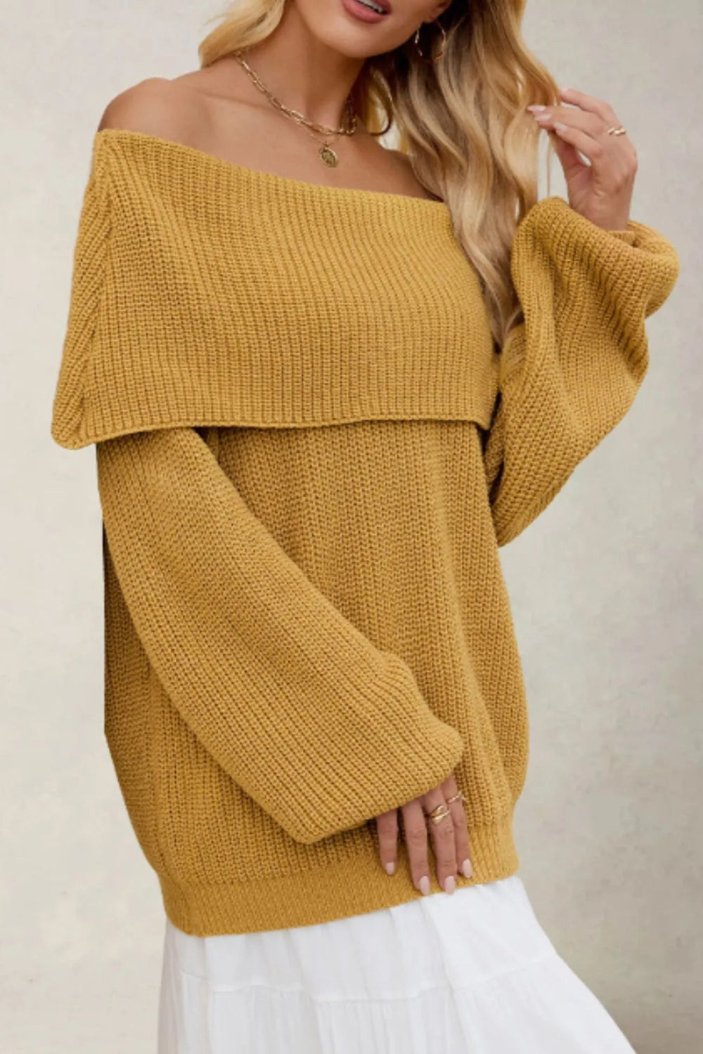 Sweater, pullover, fold over collar, long sleeve, oversized, ribbed knit, slightly stretchy, front view
