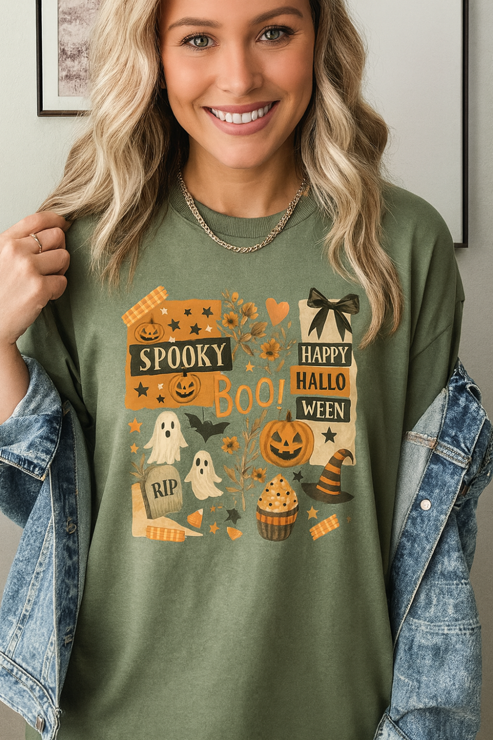 T-shirt, graphic, short sleeve, crew neck, DTF print, Halloween Collage Print, stretchy front view