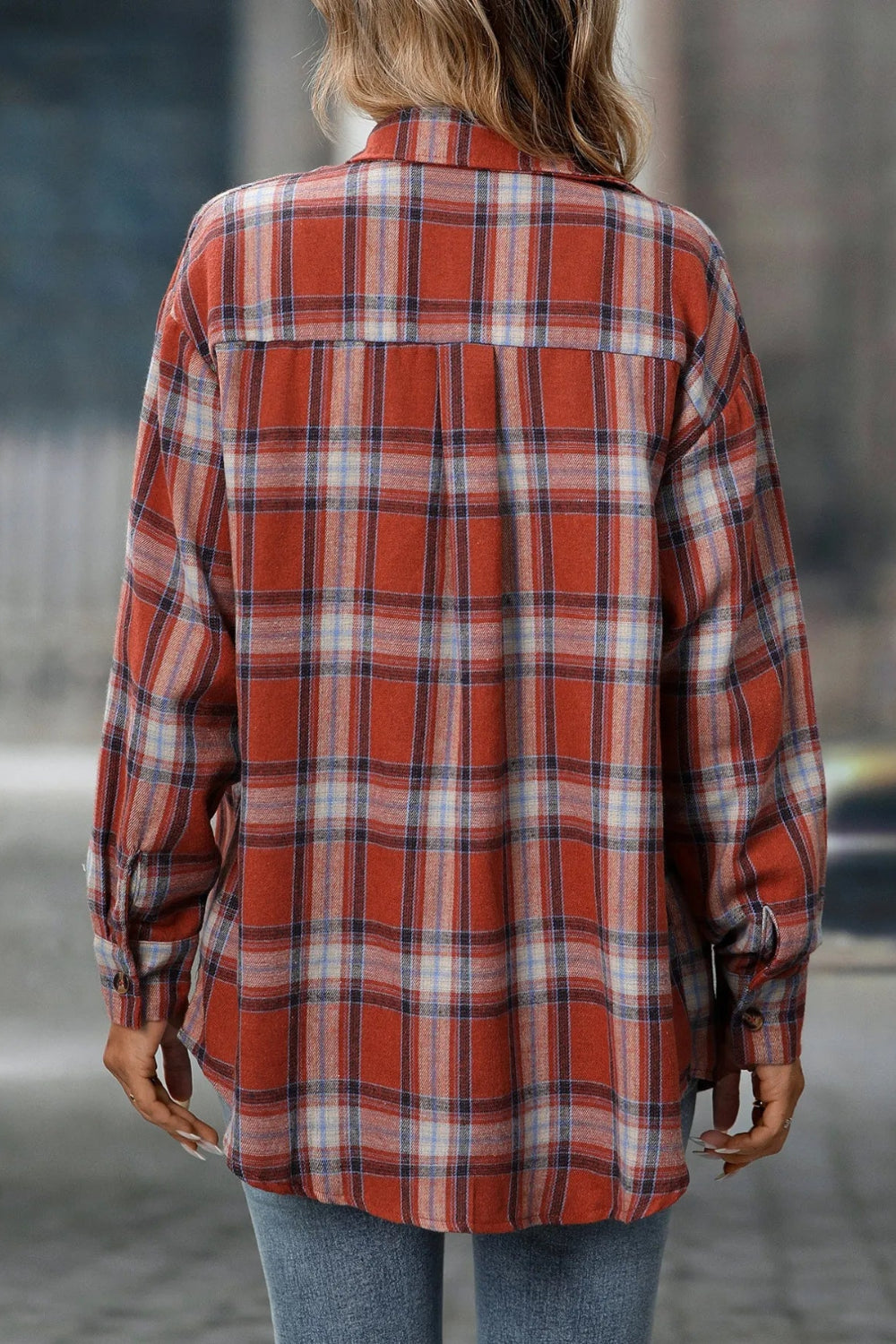 Shirt, long sleeve, collared, buttoned, oversized, front flap pockets, plaid print, no stretch, back view